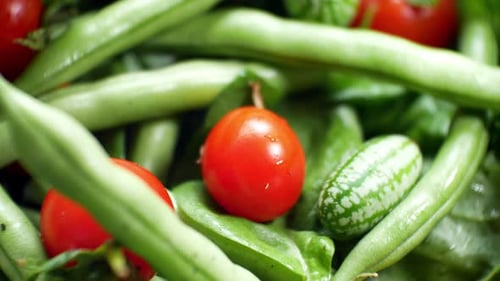 Shallow focus healthy fresh green spinach leaf cucamelon cherry tomato salad bowl closeup top down d