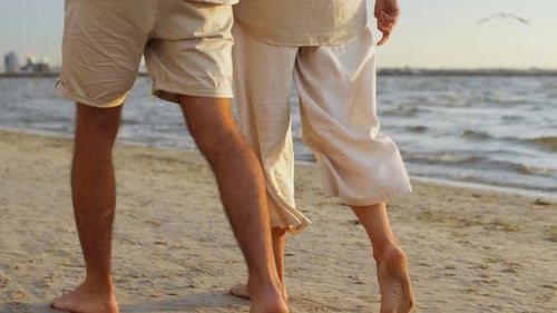 Summer Holidays and People Concept - Happy Couple Walking Along Beach In