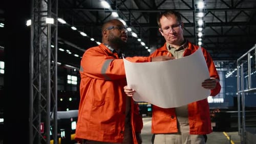 Des ingénieurs diversifiés gèrent le flux de travail d'assemblage avec des plans industriels