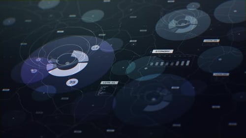 Animated circular graphs and charts moving against a linear purple and green background