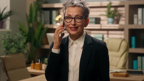 In Office Smiling Cheerful Caucasian Woman Business Female Businesswoman Mature Senior Employer Old