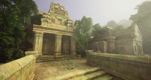 Ancient Temple Ruins Surrounded By Lush Greenery in Misty Atmosphere