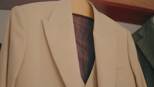 Elegant Suit Jacket Hanging in Closet, Formal Wear