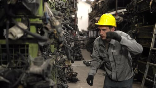 A factory worker wearing a safety helmet inspecting used car parts in an auto parts warehouse