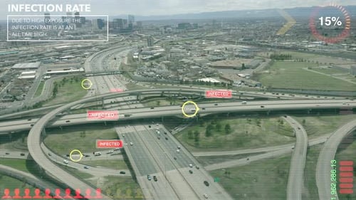 Des séquences d'animation matricielles montrent des personnes hypothétiquement infectées et exposées sur l'autoroute avec