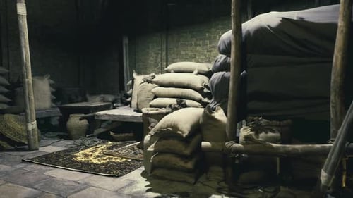 Vintage Market Setting with Piled Goods and Gleaming Produce Softly Lit