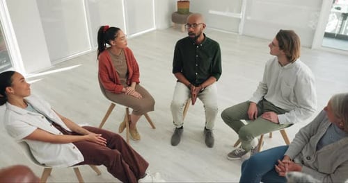Therapy, group leader or circle of people listening, planning and attention in meeting