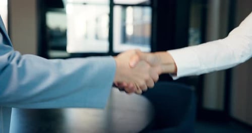 Handshake, office and hands of business people for partnership, greeting and collaboration