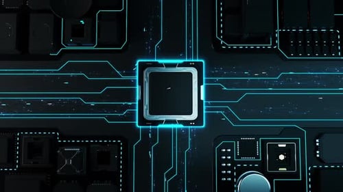 Computertechnik. Stadt stilisiert als Computerkomponenten und Mikrochips. 3D-Animation