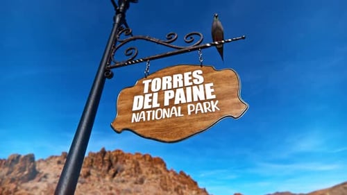 Panneau d'entrée du parc national de Torres Del Paine