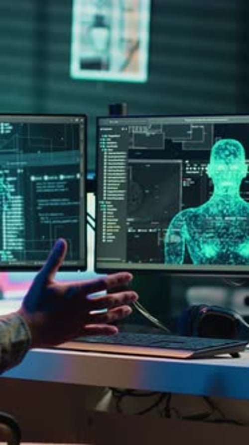 Ingeniero informático de Vídeo Vertical sorprendido por la inteligencia artificial sensible que lo saluda