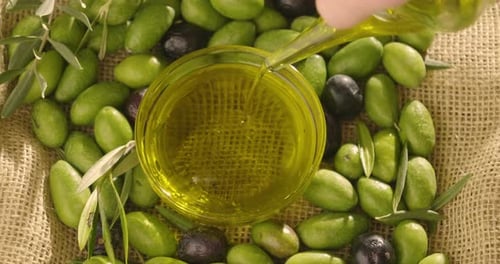 Composition of freshly harvested Italian genuine olives and oil . Concept of: olives, italian food