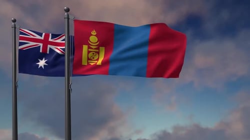 Australia and Mongolia National Flags Waving in Blue Sky
