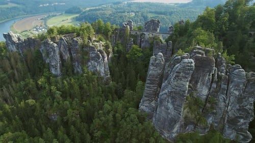 Aerial view wooden Bastei Bridge in Saxon Switzerland Mountains range, Germany. Impressive rock form