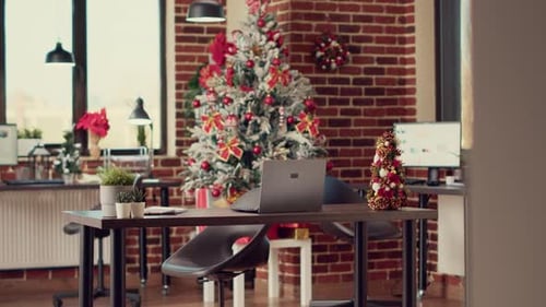 Empty Company Office with Christmas Tree and Decor