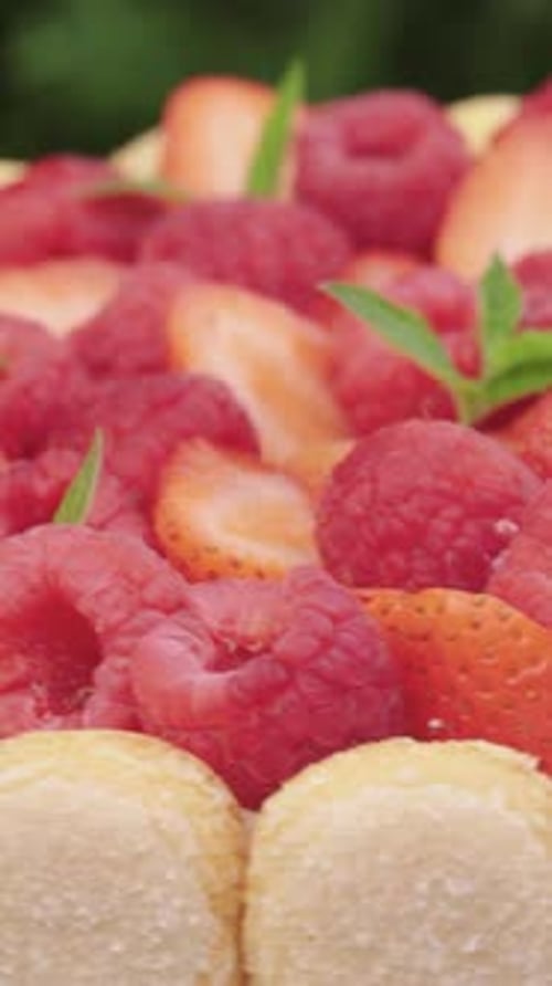 Berry raspberry and strawberry pie with mint. Savoiardi cookies. Rotation. Close-up. Vertical video.