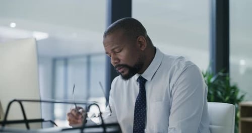 Stress, tired and night with black man in office for anxiety, headache and burnout