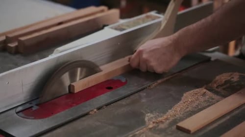 Man Cuts Wood with Table Saw in Workshop