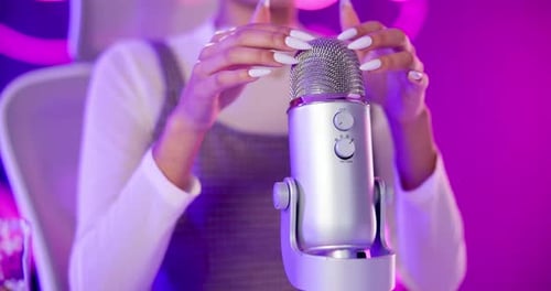 Asmr, nail tapping and girl hands with microphone in house for audio pleasure