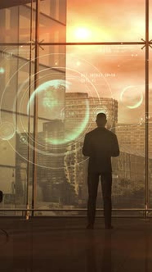 Futuristic Vertical HUD Interface with Global Data and Digital Analytics