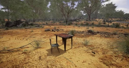 Lonely Table and Chair in a Desolate Landscape During Daytime