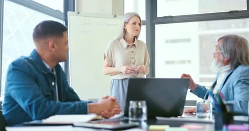 Presentation communication, diversity and senior speaker at business meeting talking about financial