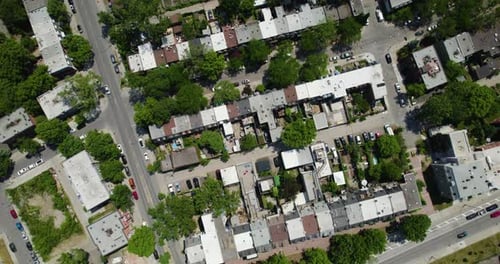 Birds eye drone shot over the Petite-Bourgogne neighborhood, in Montreal