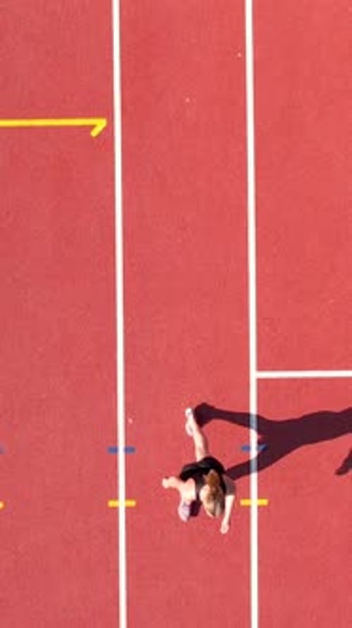 Vertical Aerial Shot Of Young Woman Running On Red Stadium Track