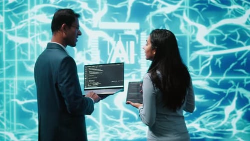Teamarbeitende IT-Mitarbeiter, die ein KI-System zur Unterstützung der Verarbeitung verwenden