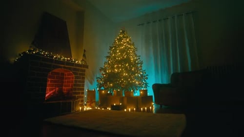 Christmas Tree and Fireplace in Cozy Home Interior