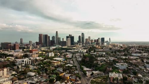Aerial View of Downtown LA Drone Flight Over Los Angeles City Center LA Skyline Rising Over American