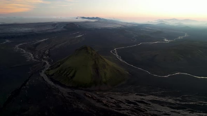 Aerial View Of Maelifell Volcano And Icelandic Landscape At Sunset aerial-view-of-maelifell-volcano-and-icelandic-landscape-at-sunset