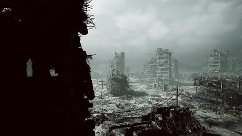 Cinematic Flyover of Desolate Post-Apocalyptic Ruined Cityscape
