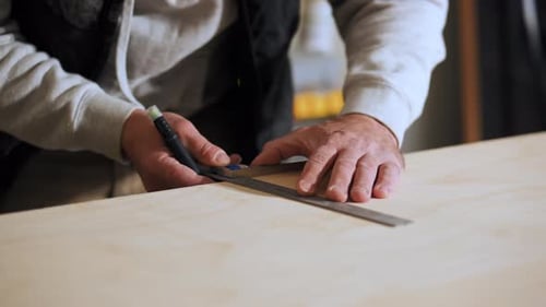 Carpenter Measuring and Marking Wooden Board with Ruler and Pencil During Woodworking Preparation in