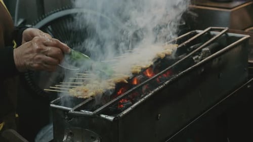 Street Food Vendor Grills Traditional Pork Satay Skewers on a Charcoal Stove at a Night Market in