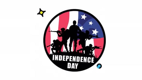 Animated Made in uk a Independence day logo featuring soldiers against an american flag.