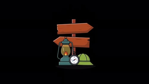 Animated Direction Arrow with Hat and Lantern. Camping Concept Video - Transparent
