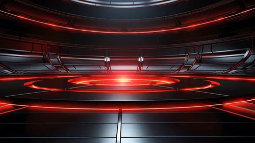 Futuristic, circular, metallic, interior, with glowing red accents