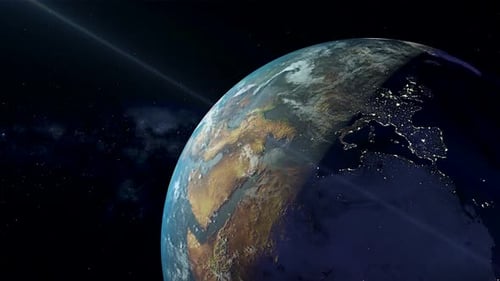 View from space. The earth rotates towards the sun. The camera moves away. Realistic atmosphere.