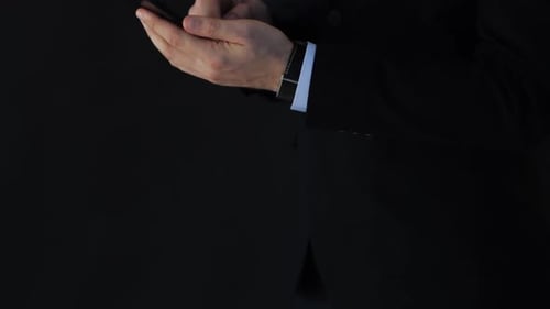 Business People Internet and Technology Concept - Businessman Hands Touching Screen Of