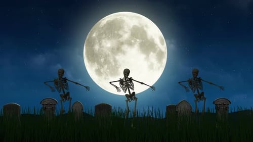 Dancing Skeletons in Graveyard Under Full Moon Halloween Animation