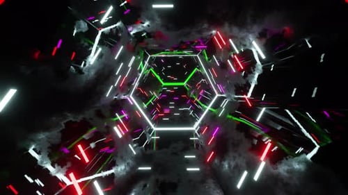 Abstract Neon Lights Hexagon Tunnel Glowing Cyberpunk Vibrant Colors Futuristic Design Digital 3D