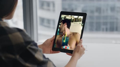 Unknown Girl Virtual Calling Friend at Office Closeup Lady Hands Holding Tablet