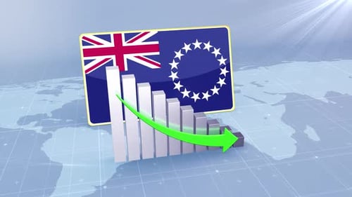 Cook Islands Flag With Decrease Bar Chart Graph And Arrow Green