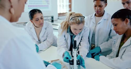 Microscope, university and professor with students, science and research with microscope