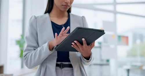 Tablet, business woman and hands with office fir data analytics and research for company