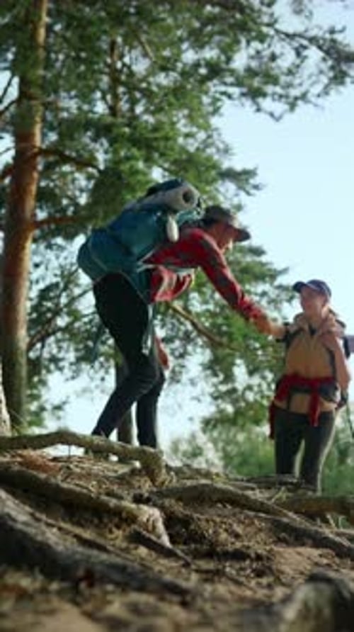 Traveling in Nature Man Helping to Female Hiker to Climb on Hill in Forest Vertical Video Help and