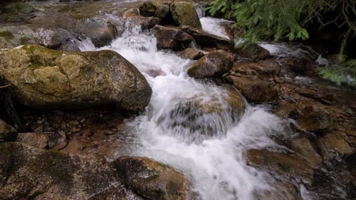 Static shot of crystal clear mountain stream rocky waters flowing rapidly into the forest in 4K.