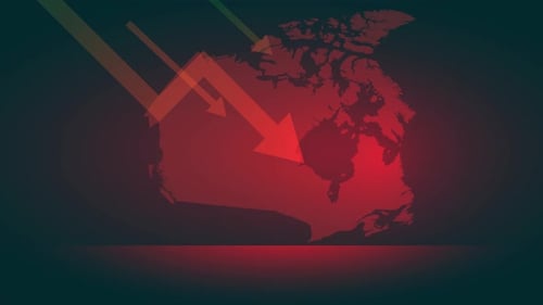map canada with red arrows down, economic crisis canada animation 4k