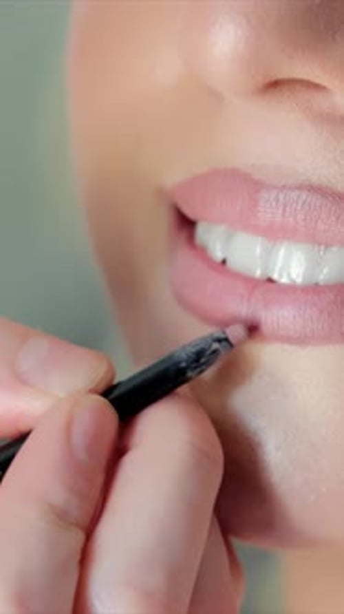 Closeup of a Bride's Lips Being Carefully Outlined with Lip Liner A Detailed Closeup Shot Showing a
